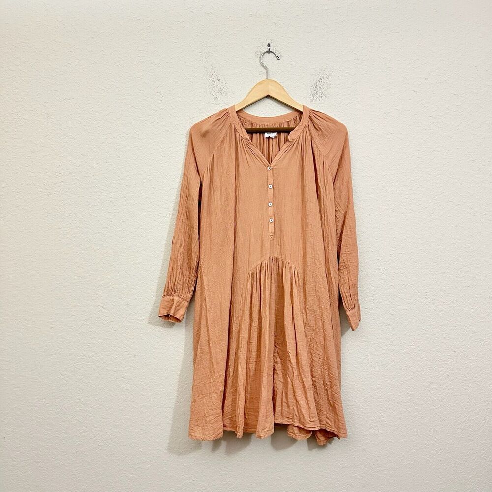 HONORINE Shift Dress Brown Long Sleeve V-Neck Lagenlook Minimalist